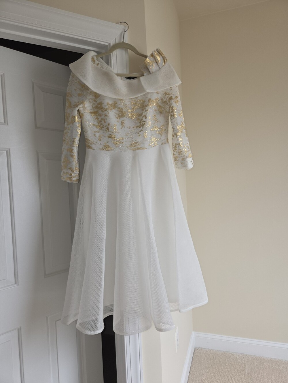 White & Gold Off-Shoulder Formal Dress for Girls
